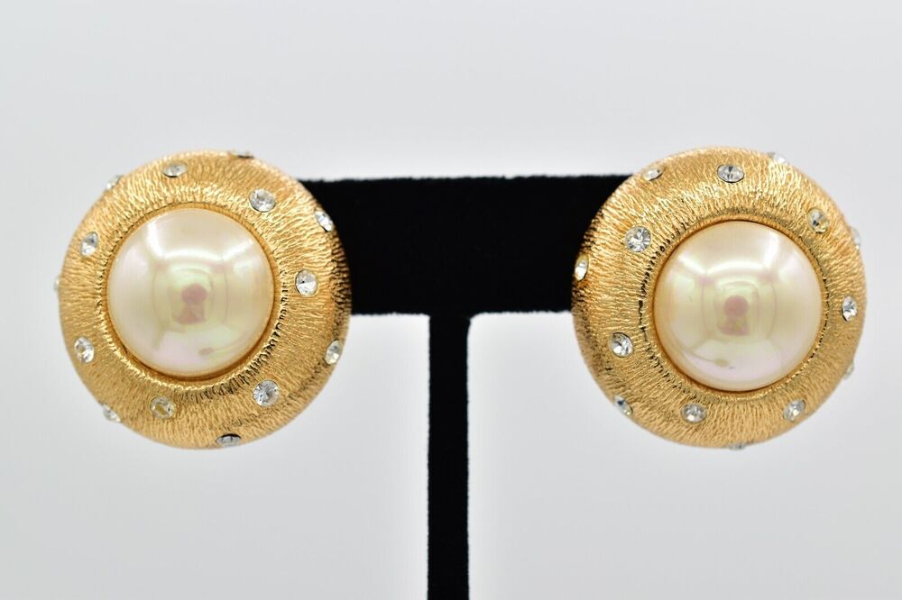 Christian Dior Vintage Starlight Crystal Earrings Chunky Dome Gold Signed Bin1